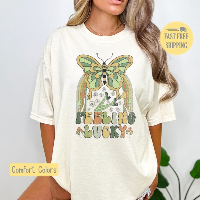 Feeling Lucky Graphic Tee, Lucky Tee Shirt, Butterfly Tshirt, Retro Lucky Sweatshirt, Cute Floral Shirt, Comfort Colors, Trending Now.jpg