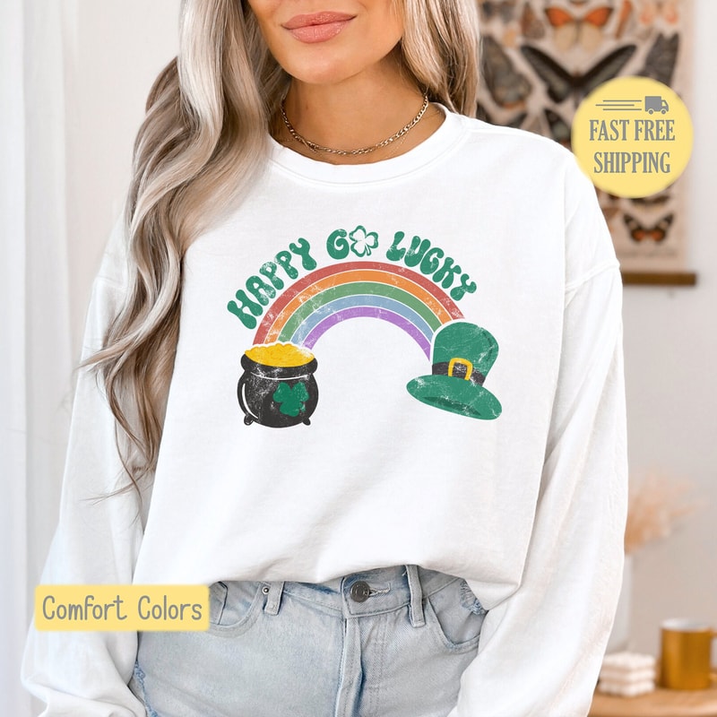 Happy Go Lucky Graphic Tee, St Patrick's Day Tshirt, Leprechaun Tee Shirt, Pot of Gold Tee, St Patricks Day Sweatshirt, Comfort Colors.jpg