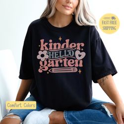 hello kindergarten tee, cute teacher shirt, teacher graphic tee