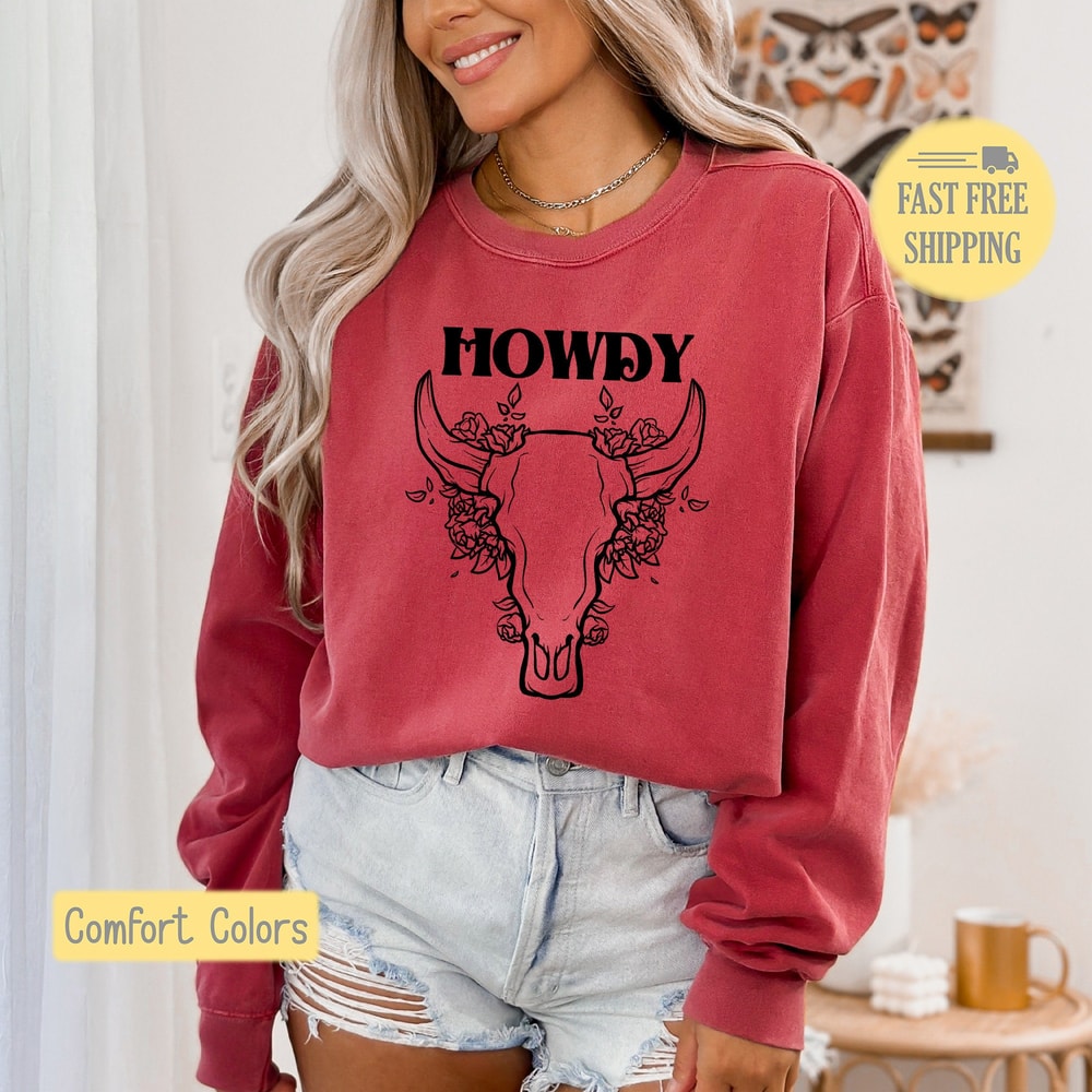 Howdy Sweatshirt, Boho Skull Shirt, Western Tshirt, Cute Boho Cow Skull Tee Shirt, Floral T-shirt, Western Graphic Tee, Comfort Colors.jpg
