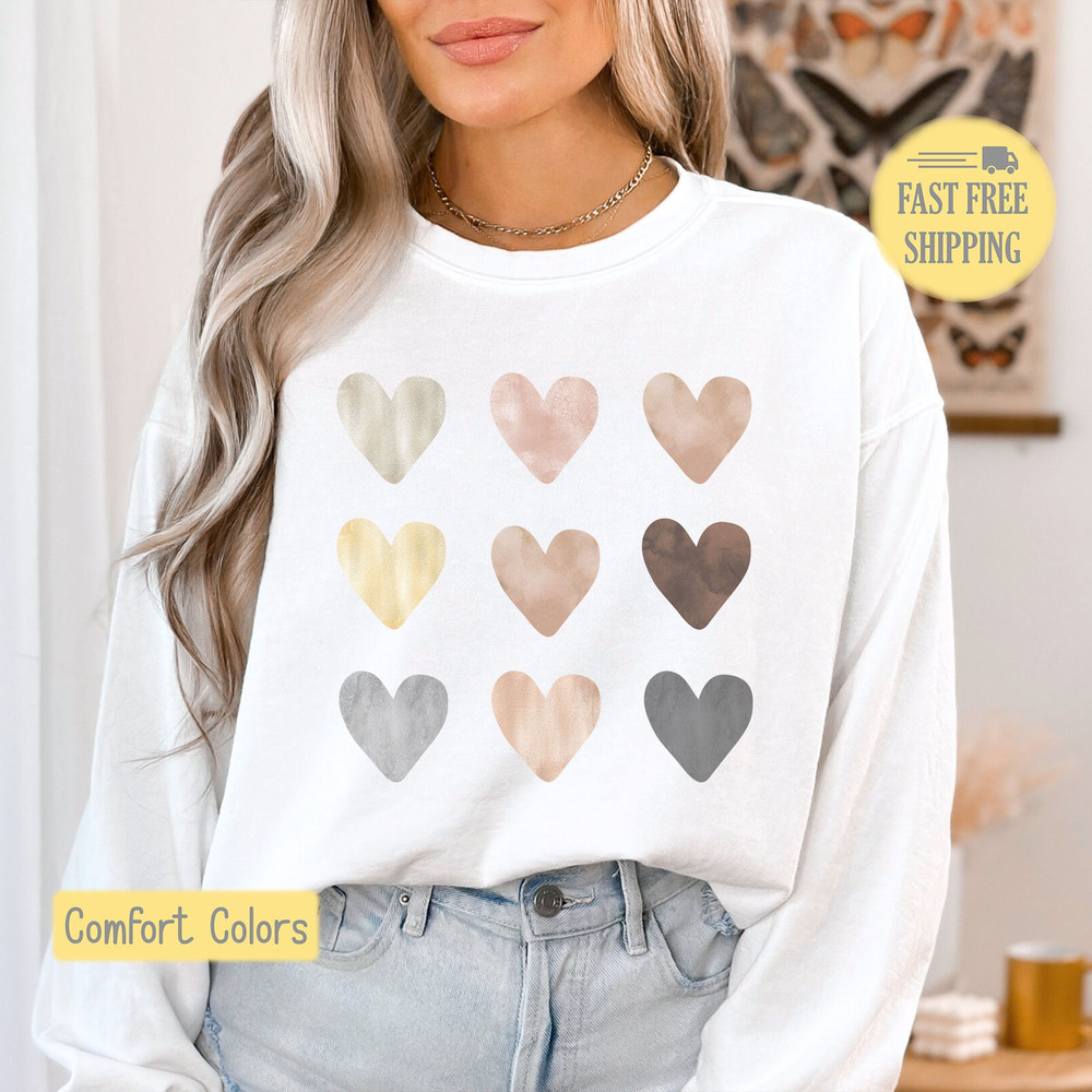 Pastel Hearts Graphic Tee, Valentines Sweatshirt, Watercolor Shirt, Comfort Colors, Heart Tshirt, Boho Tee, Trendy, Plus Size, Oversized.jpg