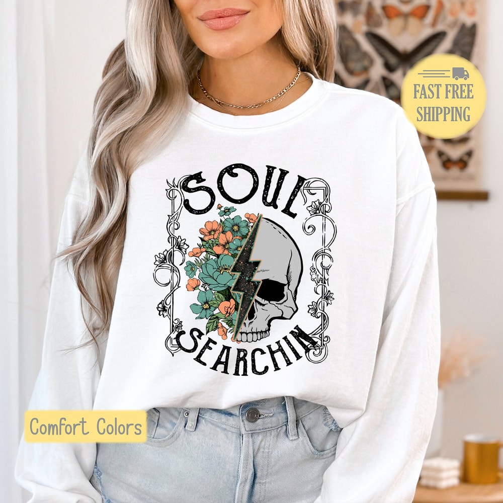 Soul Searching Shirt, Rock and Roll Sweatshirt, Skull Tshirt, Lightning Bolt Tee, Flower T-shirt, Comfort Colors, Trending Now, Popular Now.jpg