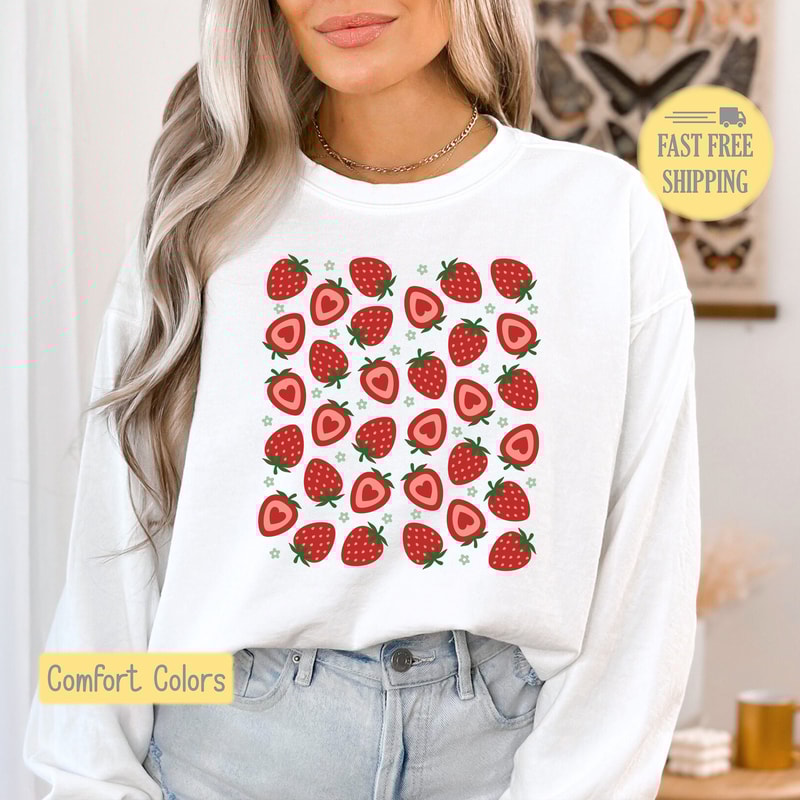 Strawberry Graphic Tee, Cute Strawberry Sweatshirt, Garden Party Tshirt, Strawberry Shortcake Tee Shirt, Comfort Color, Trending Now.jpg