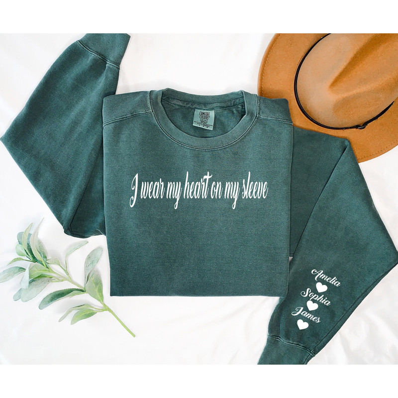 I Wear My Heart On My Sleeve Crewneck or Hoodie, Custom Mama Sweatshirt with Children Name on Sleeve, Mothers Day, Gift for Mom, New Mommy.jpg