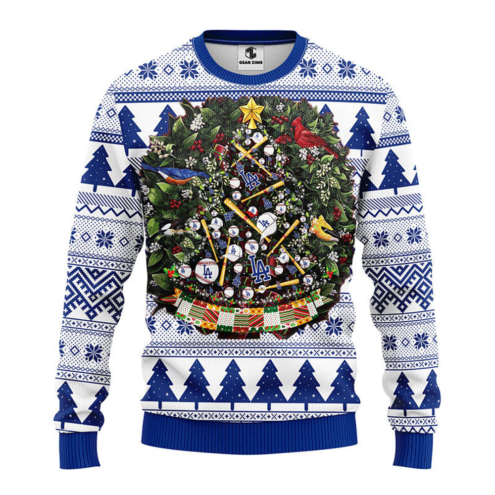 MLB Los Angeles Dodgers Tree Ball Ugly Hoodie 3D Zip Hoodie 3D Ugly Christmas Sweater 3D Fleece Hoodie