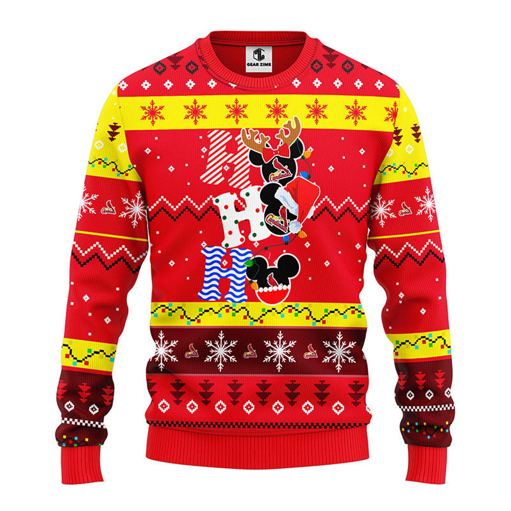 MLB St. Louis Cardinals Hohoho Mickey Ugly Hoodie 3D Zip Hoodie 3D Ugly Christmas Sweater 3D Fleece Hoodie