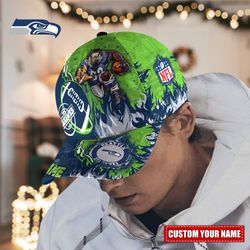 NFL Seattle Seahawks Adjustable Hat Mascot & Flame Caps for fan, Custom Name NFL Seattle Seahawks Caps