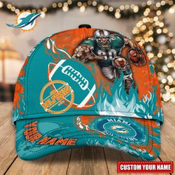 NFL Miami Dolphins Adjustable Hat Mascot & Flame Caps for fan, Custom Name NFL Miami Dolphins Caps