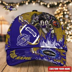 NFL Baltimore Ravens Adjustable Hat Mascot & Flame Caps for fan, Custom Name NFL Baltimore Ravens Caps
