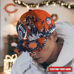 NFL Chicago Bears Adjustable Hat Mascot & Flame Caps for fan, Custom Name NFL Chicago Bears Caps