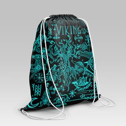 viking style drawstring bag, viking style gym sack, viking art yggdrasil pattern cyan gym sack drawstring bag