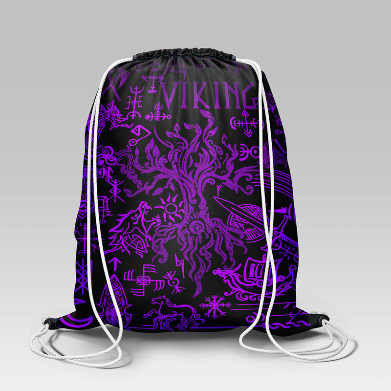 Viking Style Drawstring bag, Viking Style Gym Sack, Viking Art Yggdrasil Pattern Purple Gym Sack Drawstring bag