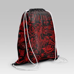 viking style drawstring bag, viking style gym sack, viking art yggdrasil pattern red gym sack drawstring bag