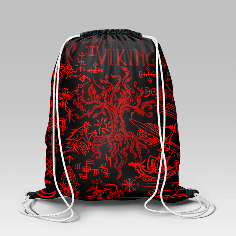 Viking Style Drawstring bag, Viking Style Gym Sack, Viking Art Yggdrasil Pattern Red Gym Sack Drawstring bag