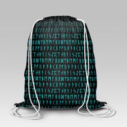 viking style drawstring bag, viking style gym sack, viking art rune pattern cyan gym sack drawstring bag