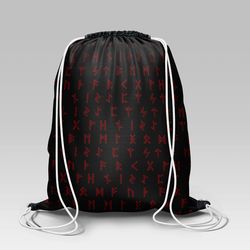 viking style drawstring bag, viking style gym sack, viking rune letters viking red gym sack drawstring bag