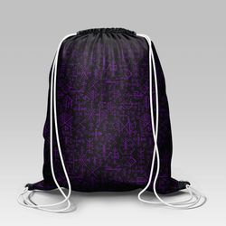 viking style drawstring bag, viking style gym sack, viking rune letters symbol purple gym sack drawstring bag