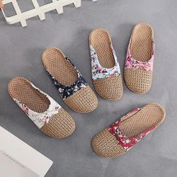 Indoor Home Slippers Shoes , Summer Linen EVA Anti-Slip Flat ,Butterfly Knot Slip On Slides ,Beach Shoes