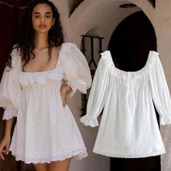 Linen Spliing Lantern Sleeve Elegant White Dress Women ,Vintage Fashion Cotton dress ,Summer Dress French Style