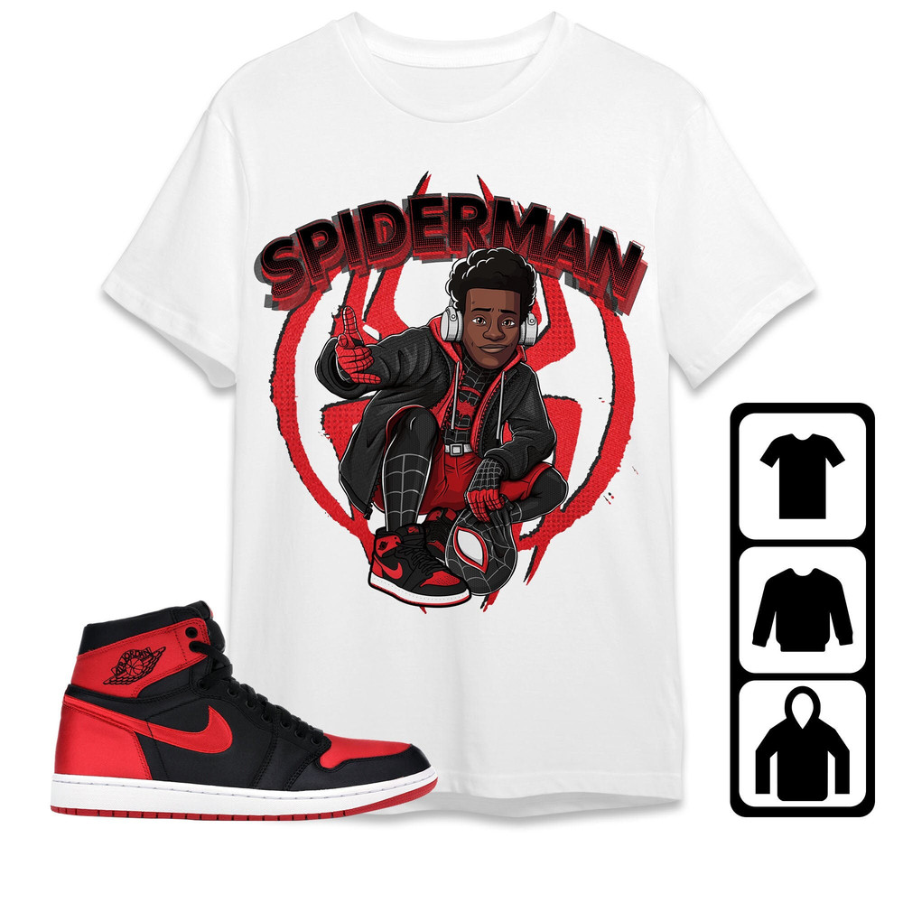 AJ 1 Bred Satin Unisex T-Shirt, Tee, Sweatshirt, Hoodie Spiderman Miles, Shirt To Match Sneaker.jpg