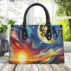 Luxury Women Pu Leather Handbag Tote Unique Beautiful Art Cosmic Moon Deco Design Abstract Art Colors Purse Spring Color