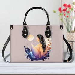 Pu Leather Handbag Womens Shoulder Satchel Purse Tote Unique Fun Fairy Magical Moonlight Design Abstract Design  Stand