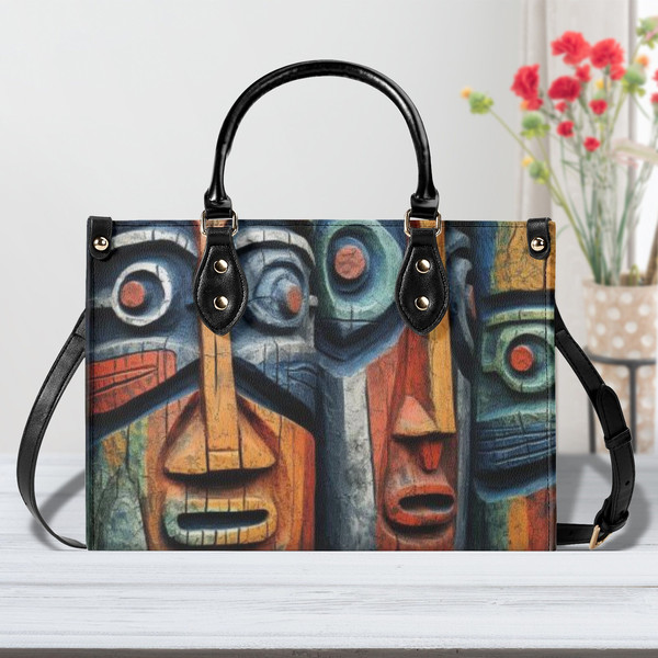 PU Leather handbag womens's shoulder satchel purse tote Unique fun Abstract tree wood face design Stand out in the crowd  Great gift.jpg