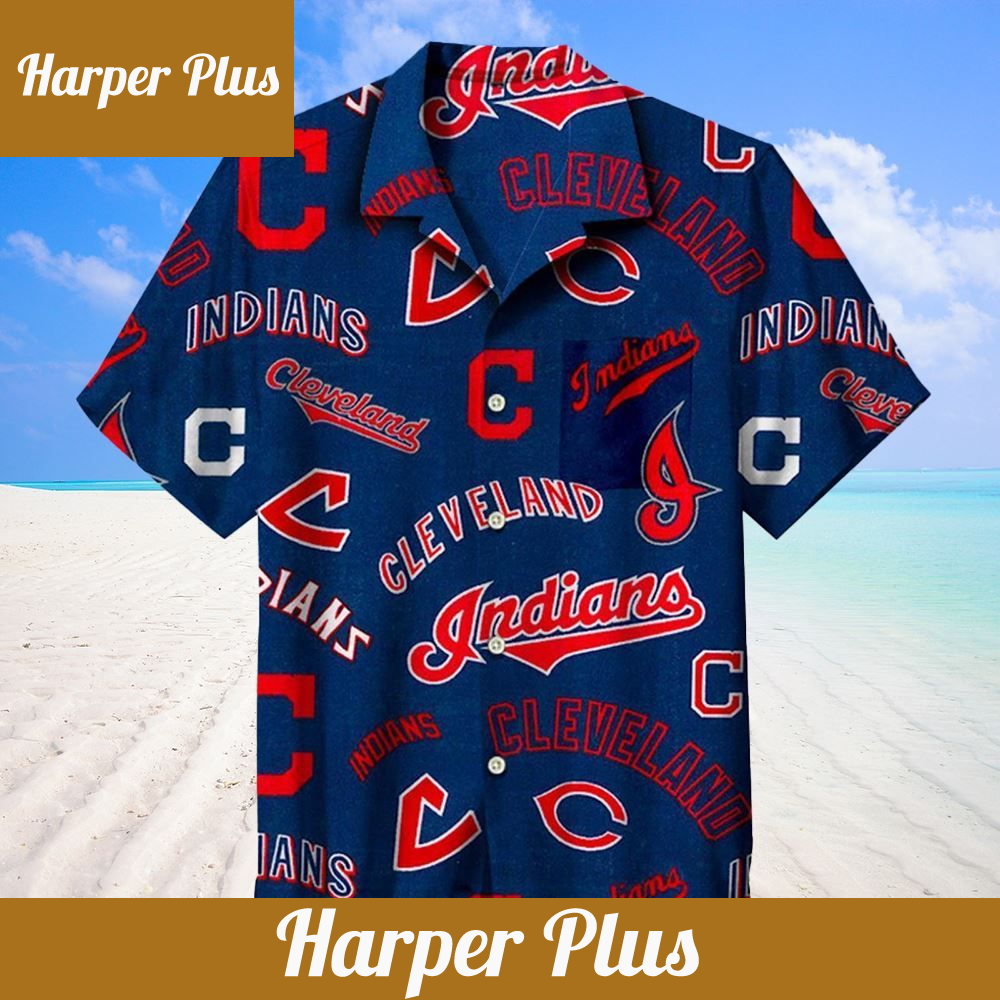 MLB Cleveland Indians All Over Print Navy Hawaiian Shirt - Trendy Aloha.jpg