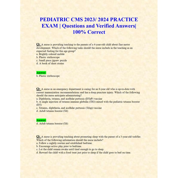 PEDIATRIC CMS 2023/ 2024 PRACTICE EXAM | Questions and Verif | Inspire Uplift