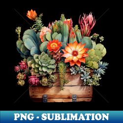 Cactus Bouquet Wood Box Vintage - Retro PNG Sublimation Digital Download - Spice Up Your Sublimation Projects