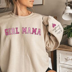 custom girl mama sweatshirt,personalized mom sweatshirt with kids names on sleeve,custom mama sweats