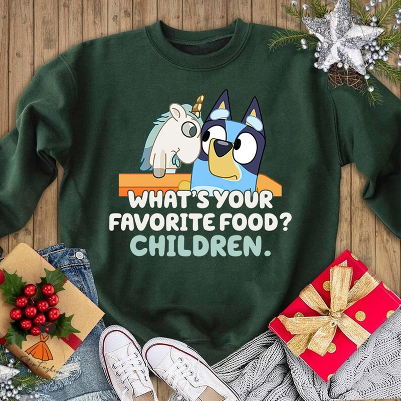 Bluey Unicorse Shirt, Blue Heeler Shirt, Dad Shirt, Mum Shirt, Bandit Shirt, Blue Bingo Shirt Bluey Birthday Party What's Your Favorite Food.jpg