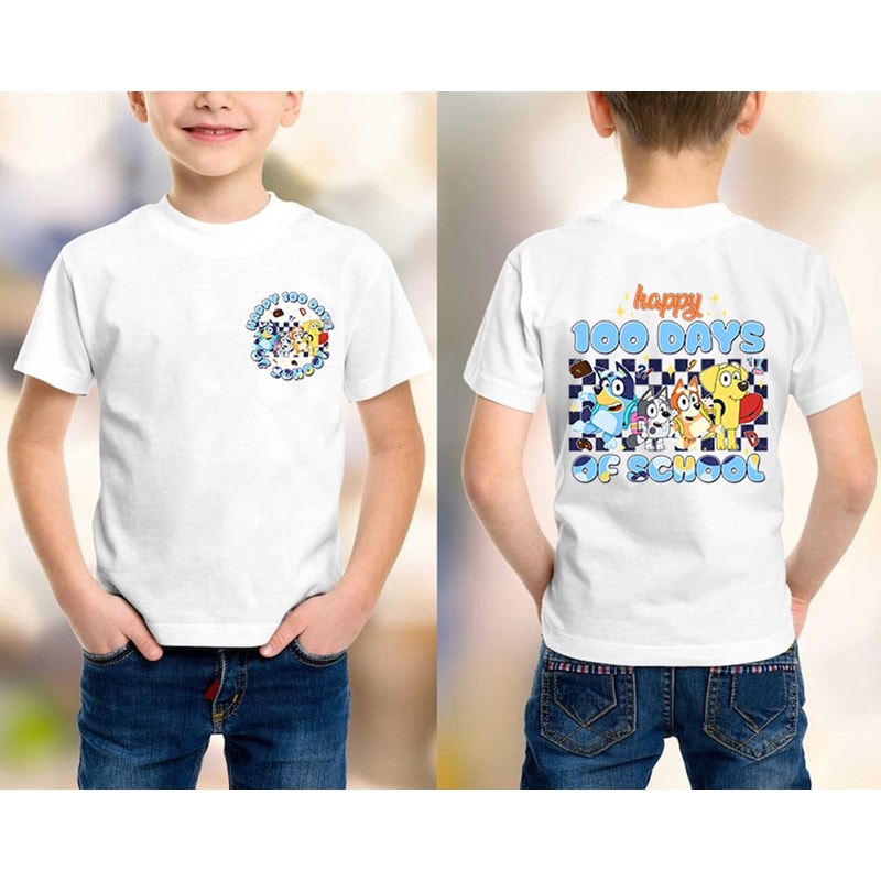 Bluey Happy 100 Days of School Shirt Bluey Teacher Shirt Bluey Toddler Shirt Bluey Mum Dad Shirts Bluey Kids Shirts Blue Dog Shirt.jpg
