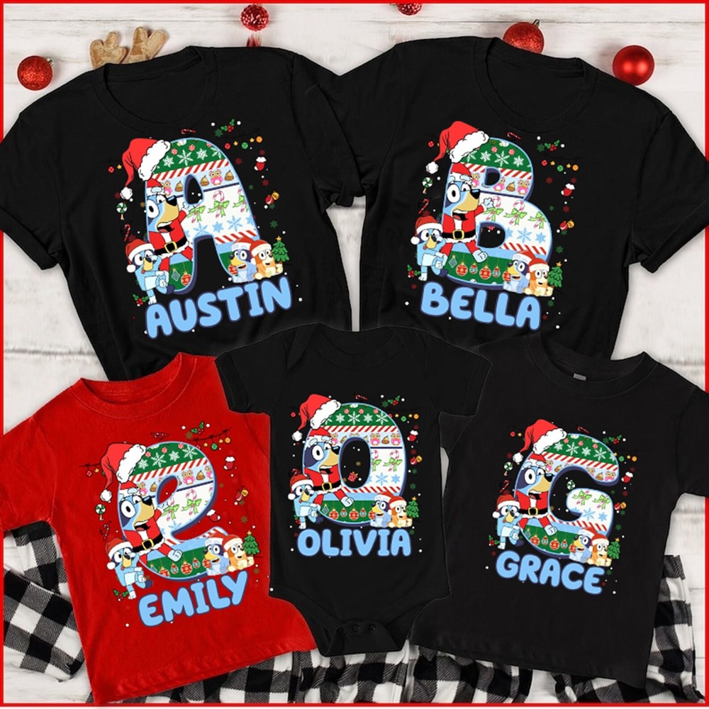 Bluey Squad T-shirts Christmas, Custom Alphabet Family Matching Tee, Funny Xmas Pajama, Bluey Personalized Family Christmas Matching Shirts.jpg