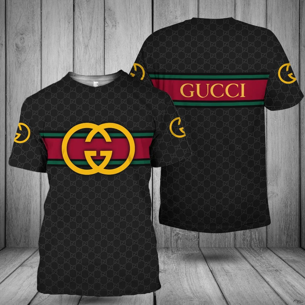 Gucci yellow logo black luxury brand t-shirt outfit for men women.png