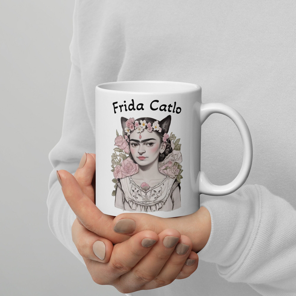 Frida Kahlo Mug Frida Catlo Mug Teacher Gift Frida Kahlo ArtPrintPoster Artist Mug Gift for Artist Finne Art Funny Cat MattCollinsDesigns.jpg