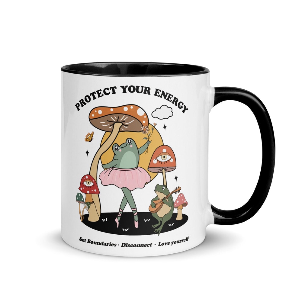 Frog Mug Mushrooms Mug Frog Playing Banjo Funny Frog Mug Protect Your Energy Retro Mug Positive Quote Cup Frog Lover Gift Cute Frog Art 1.jpg