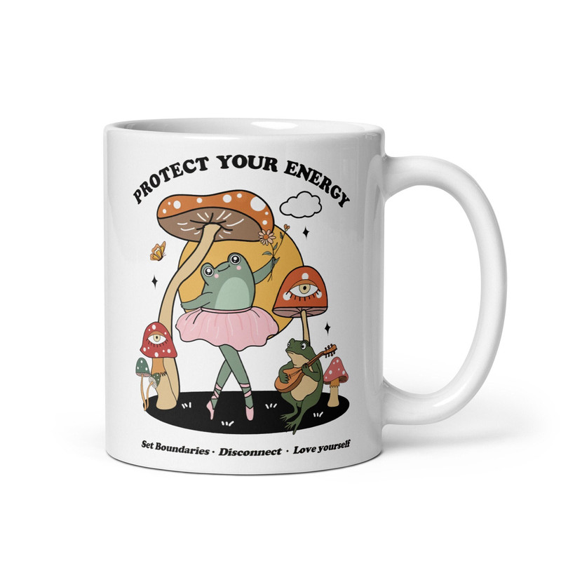 Frog Mug Mushrooms Mug Frog Playing Banjo Funny Frog Mug Protect Your Energy Retro Mug Positive Quote Cup Frog Lover Gift Cute Frog Art.jpg