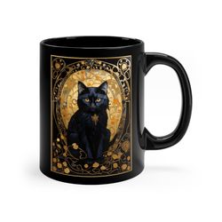 funny cat gustav klimt mug art nouveau black cat mug cute cat lovers gift flowers cat black cat printposter black mug ma