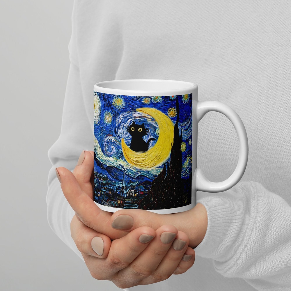 Vincent Van Gogh Starry Night Mug, Cat Mug Black Cat Mug Funny Cat Mug Famous Painting Fine Art Mug Poster Art.jpg