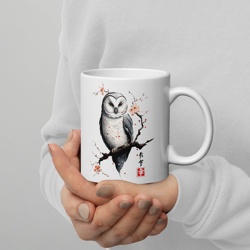Vintage Owl Mug, Japanese Owl Mug, Funny Owl Mug , Ukiyo-e Art, Owl Lover Mug, Owl in Cherry Blossoms, Oriental ArtPrint, Japanese Poster 1.jpg