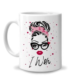 breast cancer awareness pink ribbon bun hair i won 11oz white ceramic coffee tea mug, gifts for breast cancer women, war