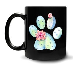 dog paw cactus 11oz black ceramic coffee tea mug, gifts for men, women, dog lovers, gardening lovers, on birthday, holid