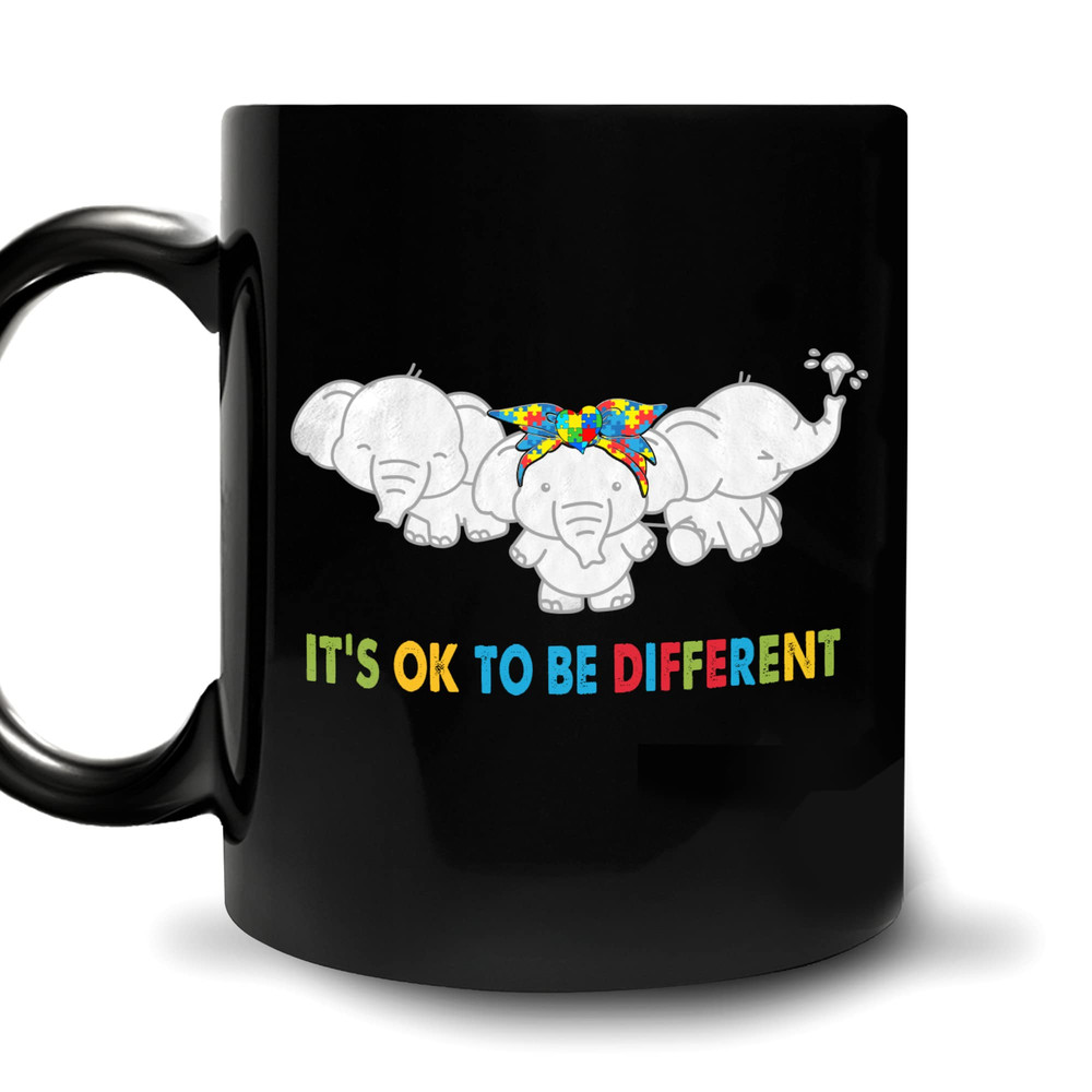 Elephants It's Ok To Be Different 11Oz Black Ceramic Coffee Tea Mug, Gifts For Autistics On Birthday, Anniversary, Holiday - Bluefink.jpg