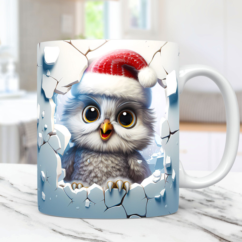 3D Baby Owl Christmas Mug Wrap, 3D Cracked Hole Owl Mug Wrap Sublimation Design PNG, 3D Floral 11oz and 15oz Owl Mug Wrap.jpg