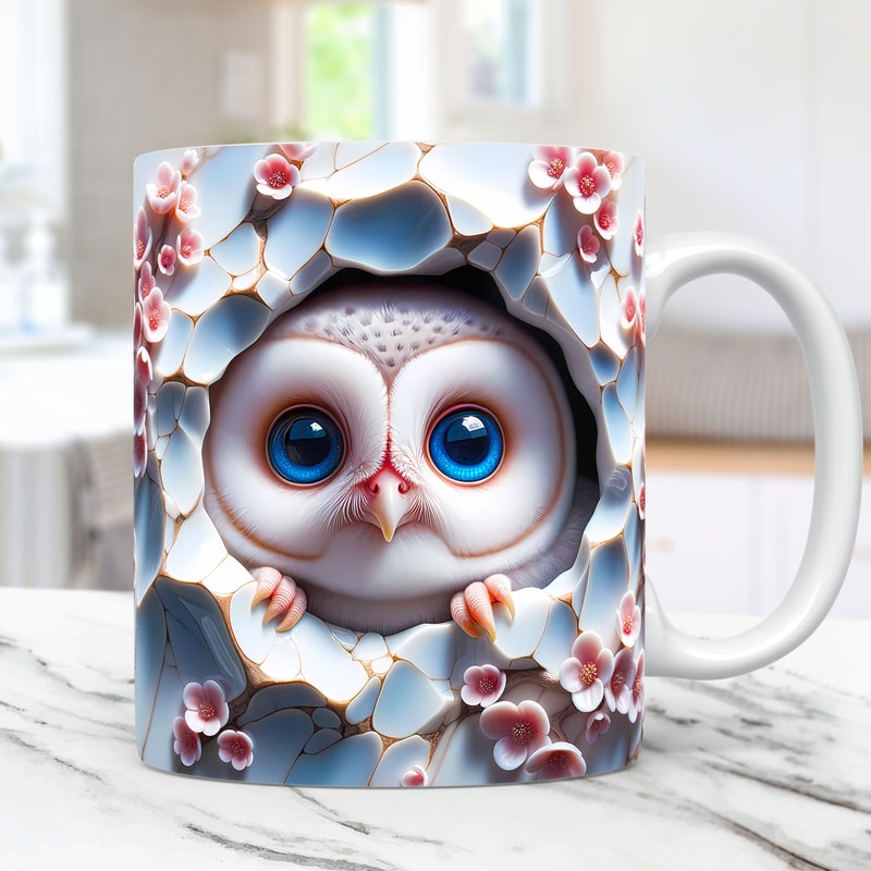 3D Baby Owl Mug Wrap 3D Cracked Hole Owl Mug Wrap Sublimation Design PNG, 3D Floral 11oz and 15oz Owl Mug Wrap.jpg