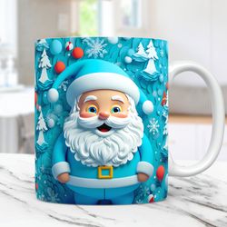 3D Blue Santa Christmas Mug Wrap Cute Mug Wrap Sublimation Design  3D Santa Claus 11oz 15oz Coffee Cup Template, 3D Chri