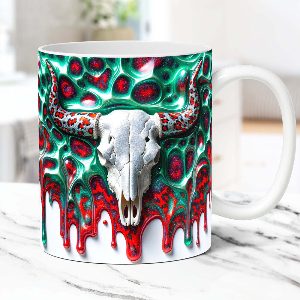 3D Boho Cow Skull Mug Wrap Cowgirl Mug Wrap Sublimation Design PNG Country Mug Design Cowhide 11oz and 15oz Coffee Cup Western Template.jpg