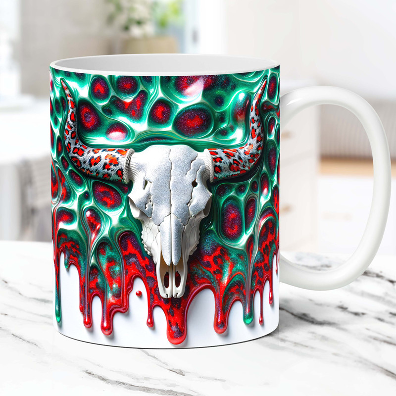 3D Boho Cow Skull Mug Wrap Cowgirl Mug Wrap Sublimation Design PNG Country Mug Design Cowhide 11oz and 15oz Coffee Cup Western Template.jpg