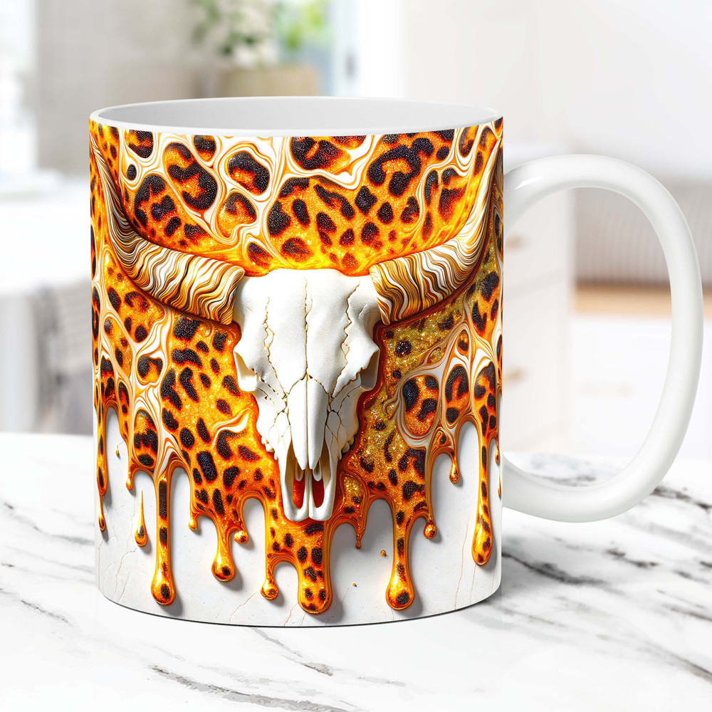 3D Boho Cow Skull Mug Wrap Western Cowgirl Mug Wrap Sublimation Design PNG Country Mug Design PNG Cowhide 11oz and 15oz Coffee Cup Template.jpg